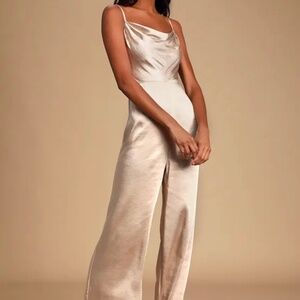 Lulus Perfect Night Champagne Satin Cowl Neck Culotte Jumpsuit